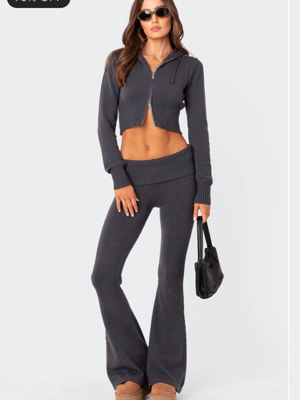 Edikted Charcoal Ribbed Knit Hoodie & Flared Pants Set
